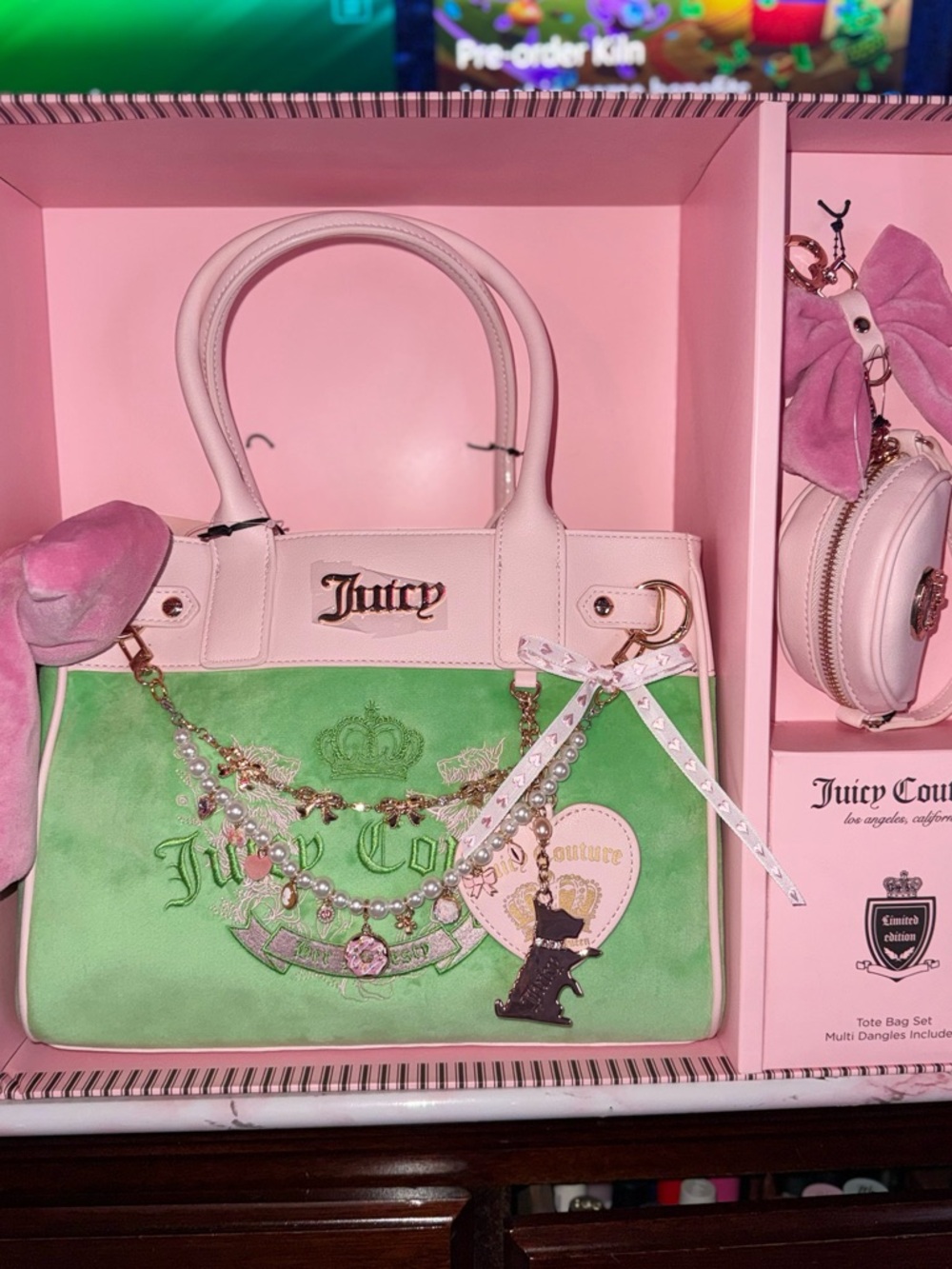 Juicy Couture Heritage Pink & Green Signature Tote Bag with Charm